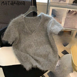 Fashionkova Matakawa Grey Mohair Short Pullovers V Neck Spring Autumn Korean Fashion Chic Women Sweaters Solid Vintage Basics Pull Femme Outfit Ideas
