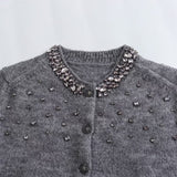 Fashionkova Autumn New Women's Fashion Casual Versatile Round Neck Short Sleeve Jewelry Knitted Cardigan Coat Valentine's Day Aesthetic