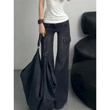 Fashionkova Black Womens Jeans High Waist Vintage Straight Winter Denim Pants Street Multiple Pockets American Wide Leg Baggy Denim Trouser
