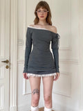 Fashionkova Valentine's Day Aesthetic Trendix Off Shoulder Patchwork Lace Dress 2025 Spring Slim Long Sleeve Bandage Mini Dresses Femme Summer Party Streetwear Women