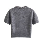 Fashionkova Autumn New Women's Fashion Casual Versatile Round Neck Short Sleeve Jewelry Knitted Cardigan Coat Valentine's Day Aesthetic