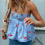 Fashionkova Fairycore Backless Tie Up Crop Tops Cherry Plaid Print Peplum Camisole Summer Holiday Sweet Cute Milkmaid Tank Vest Y2K Clothes