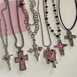 Fashionkova Gothic Pink Cross Heart Pendant Choker Necklace For Women Egirl Hip Hop Rope Chain Punk Y2K Charms Aesthetic Jewelry Accessories
