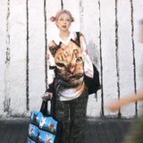 Fashionkova Japanese Y2k Kitten Print Jersey T-shirt Vintage Harajuku V-neck Long Sleeve Cat Tops American Retro Streetwear 2000s Spring Style 2025