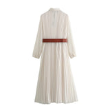 Fashionkova 2025 Spring New Product Women's Fashion Casual Slimming Flip Collar Long Sleeves with Belt Midi pleated Dress Valentine's Day Aesthetic