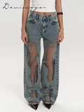 Fashionkova Street See Through Jeans Women Casual Patchwork Low Waist Zipper Pocket Denim Pants Female 2025 Summer Fashion New Lady Trousers
