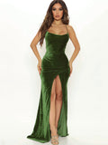 Fashionkova party look inspos Dulzura Lace Up Green Velvet Strap Maxi Dress For Women Side Slit Backless Bodycon Sexy Prom Dress Outfit Elegant Birthday Party