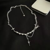 Fashionkova Punk Cross Star Natural Stone Beaded Necklace Goth Cross Chain Necklace Kpop Pendant Necklaces for Women Men Party Jewelry