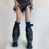 Fashionkova  Nye Outfit Y2K Star Strap Denim Leg Warmers Punk Cross Harajuku Leg Covers Gothic Leg Socks Y2K Personalized Calf Socks Leg Boot Cuffs Sock