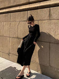 Fashionkova party look inspos Vintage Hollow Out Black Dress Women Autumn Elegant Hepburn Style O Neck Midi Dress Y2K Harajuku Korean Splicing A Line Dress