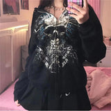 Fashionkova Mall Goth Skull Graphic Print Hoodie Dark Preppy Y2k Grunge Sweatshirts Jacket Harajuku Aesthetic Retro Women Fairycore Clothes