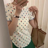 Fashionkova 2024 New Summer Korean Version Young Style Short Sleeved Slim Fit Round Neck Printed Polka Dot Shirring Women's T-shirt Top Casual Outfit