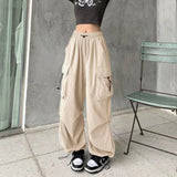 Fashionkova Party Outfit Women Casual Baggy Cargo Pants Solid Low Waist Joggers Tech Pants Drawstring Wide Leg Baggy Trousers Y2K Streetwear Sweatpants