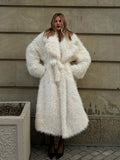 Fashionkova Party Outfit Luxury Faux Fur Long Coat With Belt Women Elegant Thickening Turn-down Collar Coats Female Autumn Fluffy Loose Outwear Tops