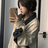 Fashionkova Contrast Color Splice Embroidery Neck Baggy Sweatshirt