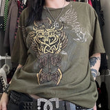 Fashionkova 2000s Cyber Grunge Graphic T-shirt Y2K Star Skull Print Short Sleeve Tees Japanese Emo Vintage E girl Gothic T shirt Women Men