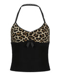 Fashionkova Patchwork Leopard Halter Top Women Backless Slim V Neck Sexy Crop Vest Sleeveless Bow Cute Kawaii Y2K Tank Tee