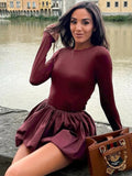 Fashionkova Valentine's Day Aesthetic Trendix Pleated Skirt 2 Piece Sets Women Burgundy Bodycon Long Sleeve Shirts Vintage Fashion High Waist Dress Suits 2024 Winter