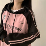 Fashionkova Vintage Logo Print Raglan Striped Sleeve Hoodie