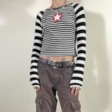 Fashionkova Party Outfit 90s Vintage E-girl Emo Clothes Striped long sleeved T-shirt Y2K Grunge Knitted Autumn Tees Harajuku stars graphical Tee Streetwe