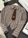 Fashionkova Autumn Women Old Money French Vintage Striped Shirts With Tie Long Sleeve Design Blouses Crop Top Aesthetic Elegant Design Tide