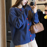Fashionkova Korean Solid Color Knitted Sweaters Women's Clothing Fashion Heart-shaped Single-breasted Autumn Winter Casual O-Neck Jumpers Casual Outfit