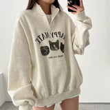 Fashionkova Aesthetic Kitten Print Half Zip Pullover Sweatshirt