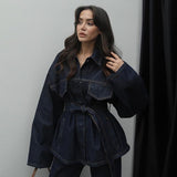Fashionkova Retro Belt Denim Pants Set Women Lapel Pockets Long Sleeved Jacket Zipper Straight Leg Jeans 2025 Spring High Street Female Sets