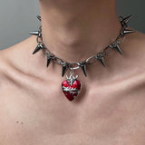 Fashionkova Punk Gothic Thorn Red Heart Pendant Necklace for Men Women Y2K Hip Hop Metal Rivet Spikes Choker Necklace Grunge Jewelry Gifts