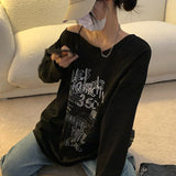 Fashionkova party look inspos Y2K T-shirt Fairy Grunge 2023 Vintage Letter Print Tops Black Autumn Off Shoulder Long Sleeved Korean Tees Loose Harajuku Shirt