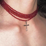 Fashionkova Y2K Trendy Beads Chain Women Cross Necklace Imitation Pearl Bead Titanium Steel Cuban Chain Necklace For Men Jewelry Gift