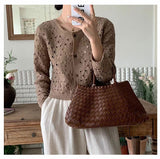 Fashionkova Long Sleeve Crochet Top for Women Sheer Button Up Hollow Out Openwork Knit Cardigan Jacket Spring Summer Boho Vacation Outfit Casual Outfit