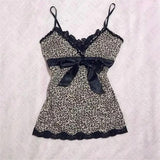 Fashionkova party outfit  Leopard pattern suspenders bow lace decoration Y2K crop top urban beauty emo retro chic slim fit American street style women top