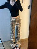 Fashionkova Women Korean Fashion Plaid Flare Long Trousers Bell Bottom Grunge Slim Pants Gyaru Y2k Japanese Streetwear 2000s Aesthetic Retro