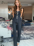 Fashionkova Street Denim Pants Set Women Sleeveless Single Breasted Slim Square Collar Tank High Waist Straight Jeans 2025 Summer Lady Suit