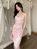 Fashionkova Sexy Bodycon Pink Satin Midi Dress Women New Summer Spaghetti Strap Slim Backless High Split Evening Party Dresses Prom Vestido ootd outfit idea