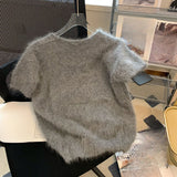 Fashionkova Matakawa Grey Mohair Short Pullovers V Neck Spring Autumn Korean Fashion Chic Women Sweaters Solid Vintage Basics Pull Femme Outfit Ideas