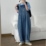 Fashionkova  Party Outfit  Japanese Loose Cute Jumpsuits Women New Cartoon Embroidery Oversized Denim Overalls Female Cuffed Wide Leg Trousers