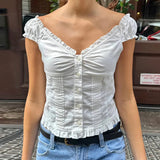 Fashionkova Y2k Vintage Cap Sleeve Women T-shirt Preppy Button Down Blouse Tops 00s Aesthetic Fairy Frill V Neck Crop Tops Milkmaid Vest Fairycore Outfit Idea