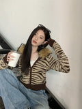 Fashionkova  Party Outfit  Korean Retro Fur Collar Leopard Print Hooded Y2k Harajuku Gothic Hip Hop Striped Zipper Hooded Women Streetwear Cardigan