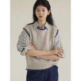 Fashionkova Vintage Cropped Sweater Vest Women Patchwork Knitted Pullovers Winter Waistcoat Jumpers Streetwear Korean Sleeveless Knitwear ootd