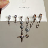 Fashionkova 6PCS SET Reflective Beads Irregular Zircon Cross Silver Color Safety Pin Metal Piercing Earrings For Women Men Punk Accessories
