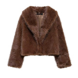 Fashionkova Party Outfit Heart Turn-down Collar Faux Fur Coats Women Elegant Brown Long Sleeved Coat Female Autumn Thickening Short High Street Outwears