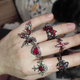 Fashionkova Goth Punk Retro Red Crystal Love Heart Cross Geometry Irregular Open Ring Set Y2K Halloween Accessories For Women Kpop Jewelry