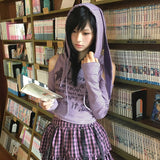 Fashionkova Japanese Y2k Hooded T-shirt Vintage 2000s Style Rabbit Ears Tops Harajuku Purple Striped Hollow Out Tops Grunge Lolita Spring Style 2025