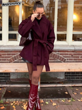 Fashionkova party look inspos Fashion Burgundy Collar Tied Short Coats Woman Casual Loose Pocket Long Sleeved Jacket 2025 Chic New Lady Winter Street Outwear