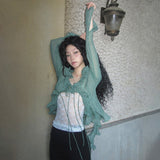 Fashionkova Japanese Y2k Lace Shirt Vintage 2000s Style Ruffles Blouses Grunge Aesthetics Irregular Green Shirts American Retro 90s Spring Style 2025