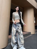 Fashionkova 2024 New Spring Autumn Gradient Wash Letter Denim Jeans for Women, Loose Straight Leg Trousers, Slimming Wide Leg Pants