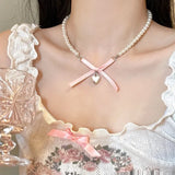 Fashionkova Bow Love Cross Imitation Pearl Pendant Necklace for Women French Romantic Sweet Lolita Clavicle Chain Harajuku Fashion Jewelry