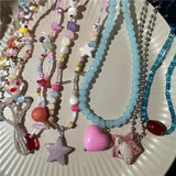 Fashionkova Trendy Y2K Vintage Resin Acrylic Pink Heart Star Beaded Choker Necklace For Women Aesthetic Cute Scene Jewelry Neck Accessories